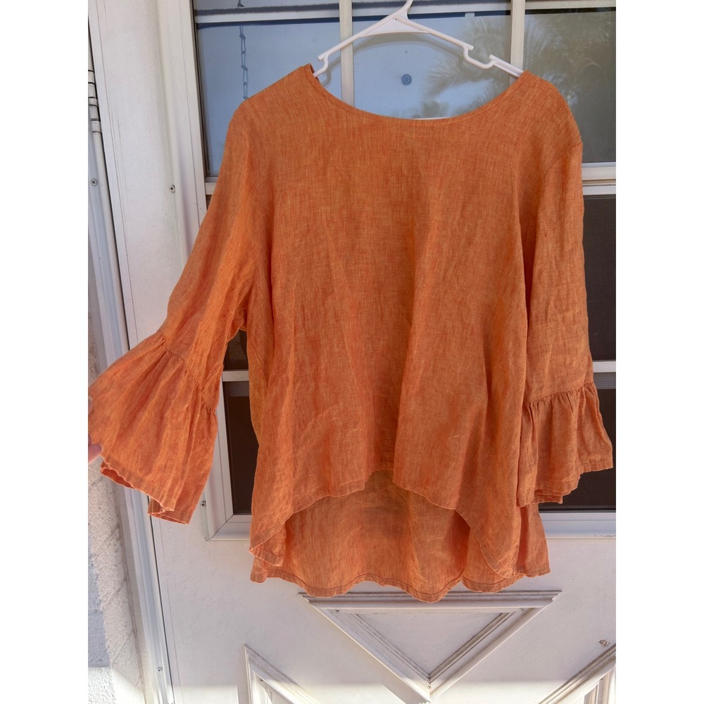 Bryn Walker Orange 100% Linen Ruffle Sleeve High Low Top Large Lagenlook
